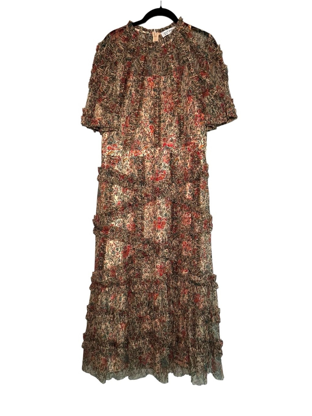 NWT Mac Duggal Floral Ruffle Illusion Midi Dress